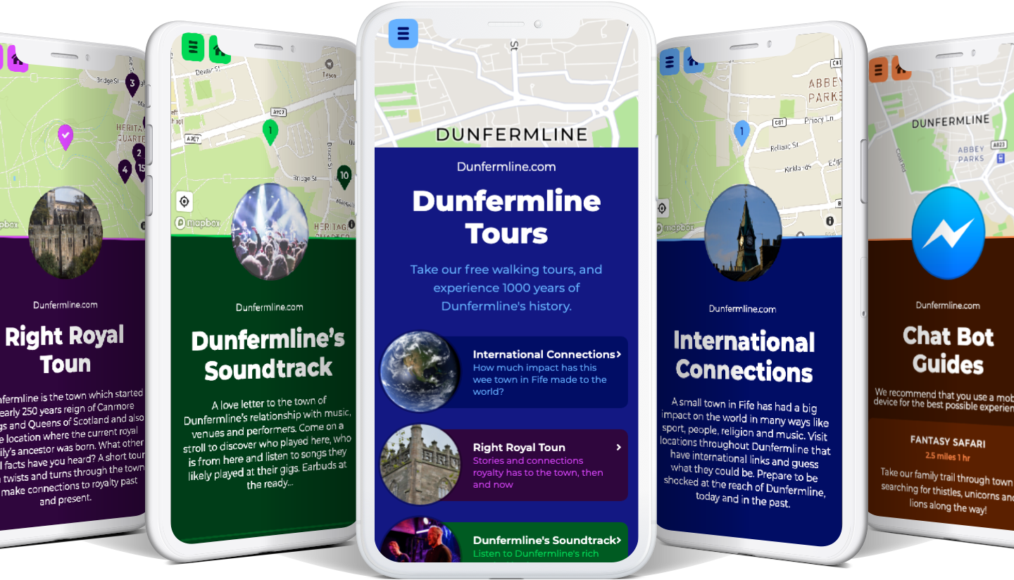 Various screenshots of the Dunfermline.tours app in action on phones