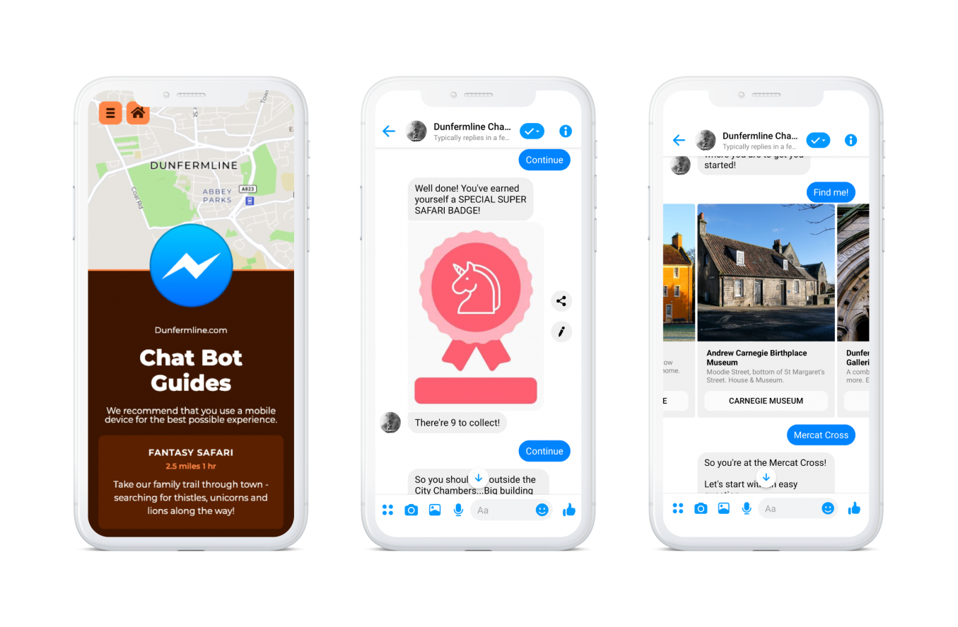 Various screenshots of the Dunfermline.tours chatbot in action on phones