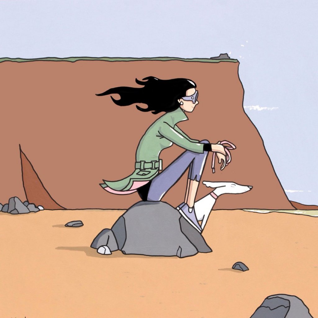 A girl sat on a rock with her dog by her side, by Pete McKee