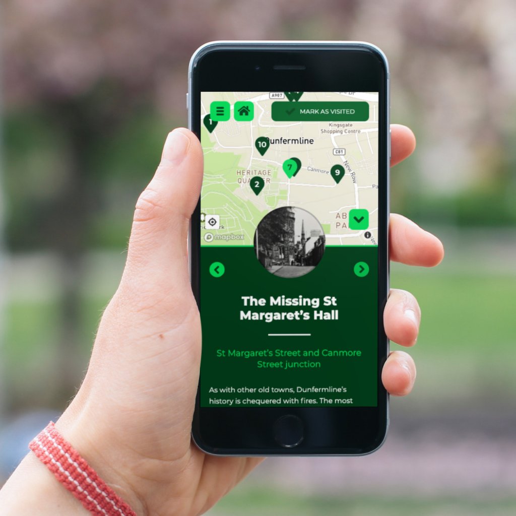 Dunfermline.tours app in action on a phone